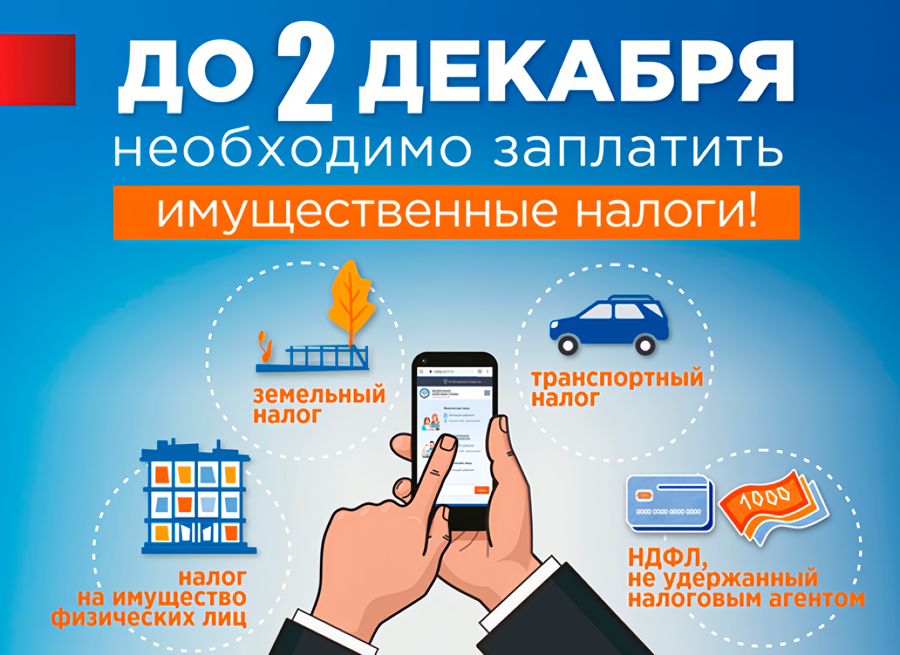 2 декабря 2024 года наступает срок уплаты имущественных налогов: налога на имущество физических лиц, земельного налога и транспортного налога. К сожалению, некоторые жители нашего района до сих пор не уплатили налоги за прошлые годы..